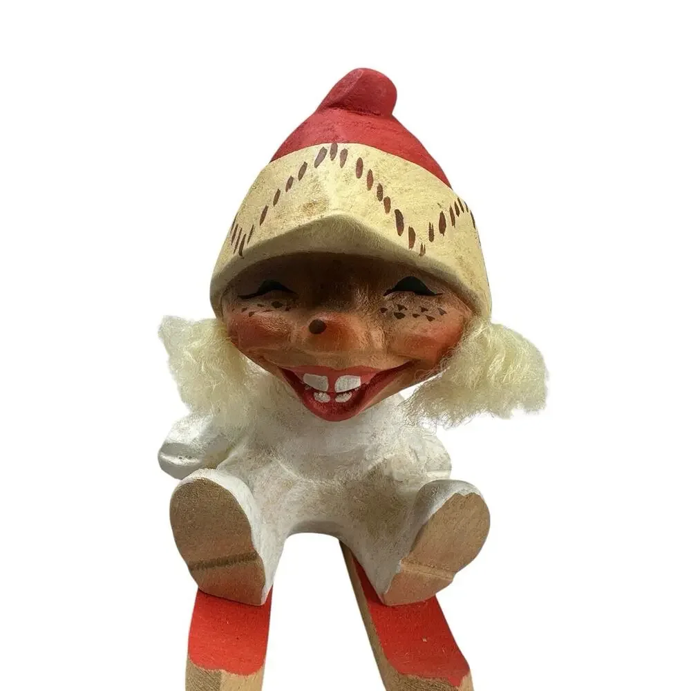 Vintage Christmas Norwegian Signed Henning Hand Carved Troll On Skis Folk Art